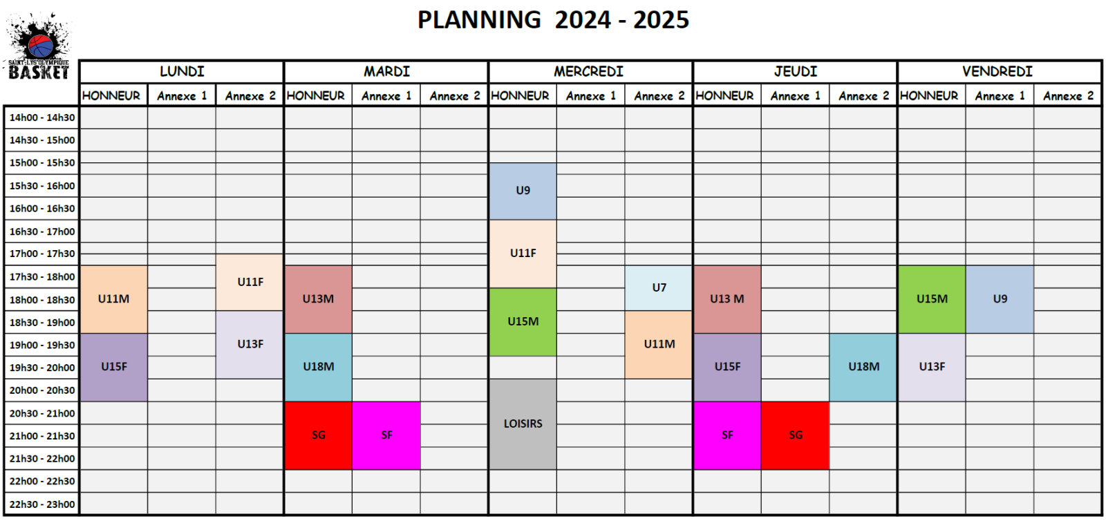 Planning des entrainements 2024-2025
