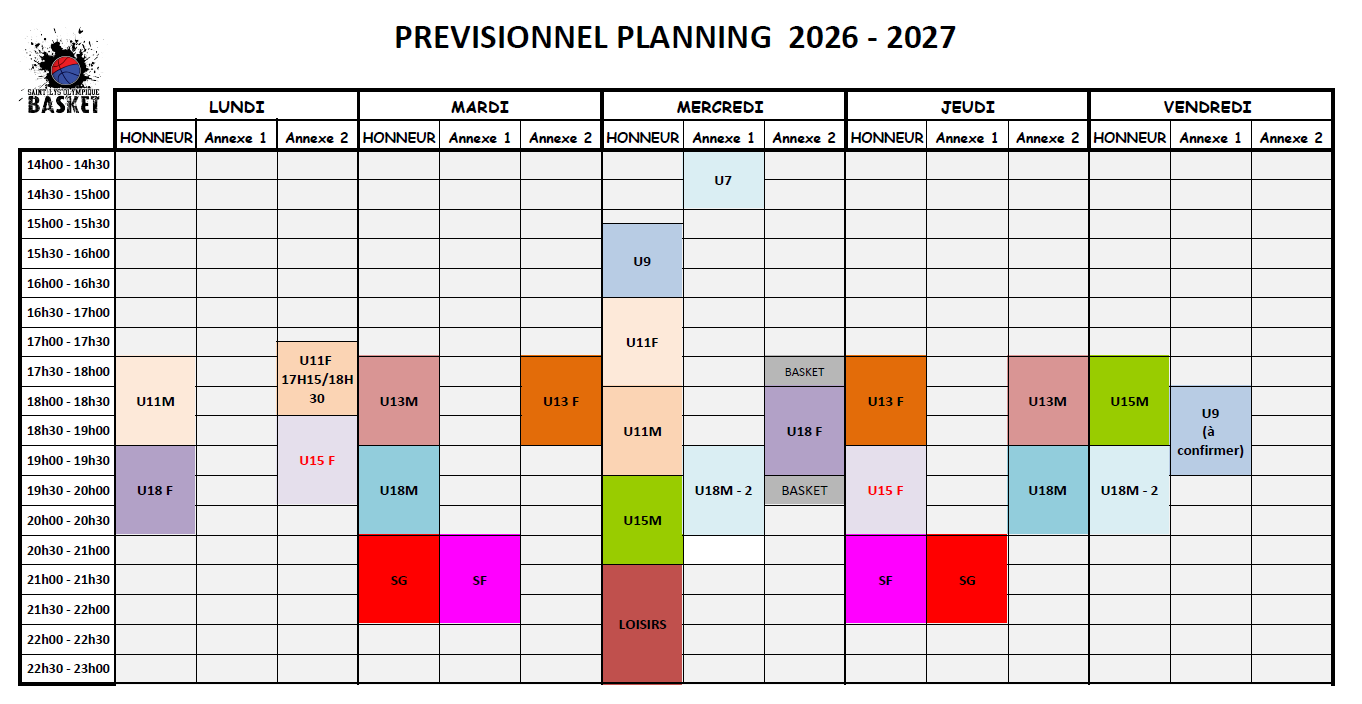 Planning des entrainements 2026-2027
